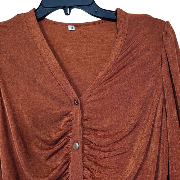Women's  Slinky Knit Ruched Front Button Down Crop Top Brown Size Medium - Picture 4 of 12